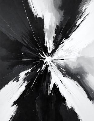 The primary subject of the image is a black and white painting of a white light source. The setting is a black background, and the visual style is a painting. The colors and mood of the painting are predominantly black and white, creating a dramatic and artistic atmosphere.